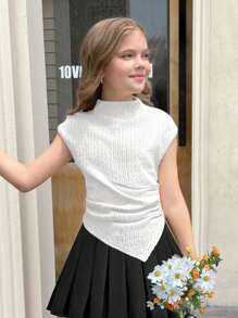 SHEIN Tween Girls Casual Knit Textured Fitted Mock Neck Ruched Asymmetric Hem Top, Suitable For Back To School In Spring/Summer, Cute Tops Teen Girl, Ribbed Tween Summer Tops, - White - View 5