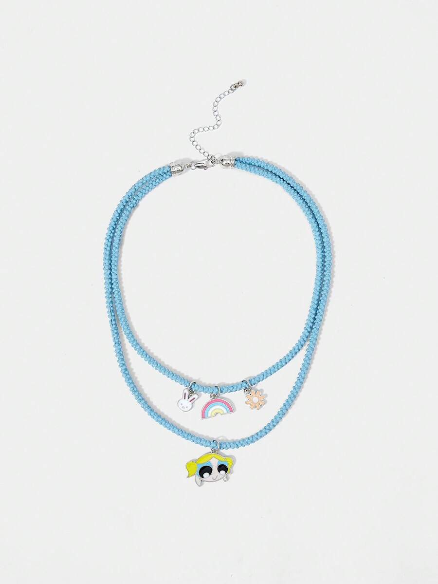 THE POWERPUFF GIRLS X SHEIN 女士可爱卡通图案双层项链 - 藍色 - 查看 1