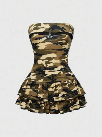 J-Fashion Y2K Sexy Camouflage Mini Puff Dress Strapless Bodycon Dress For Women
