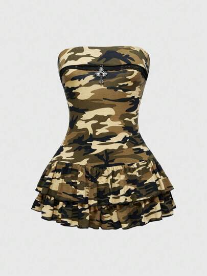 J-Fashion فستان قصير ضيق بدون أكتاف بتصميم الكاموفلاج المثير للنساء