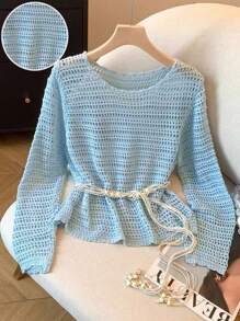 Franclia 时尚度假风镂空圆领超大休闲毛衣，时尚欧美风针织套头衫秋冬