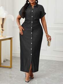 SHEIN Lady Plus Size Casual Solid Color Front Button Long Denim Dress  Casual Long Dress,Back To School Dress With Slit - Black - View 4