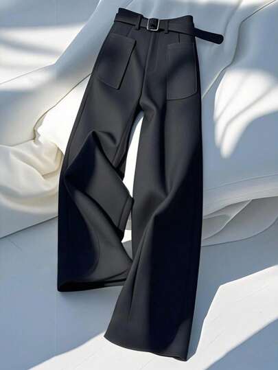 GlowEve 纯色口袋腰带阔腿优雅女士西装裤