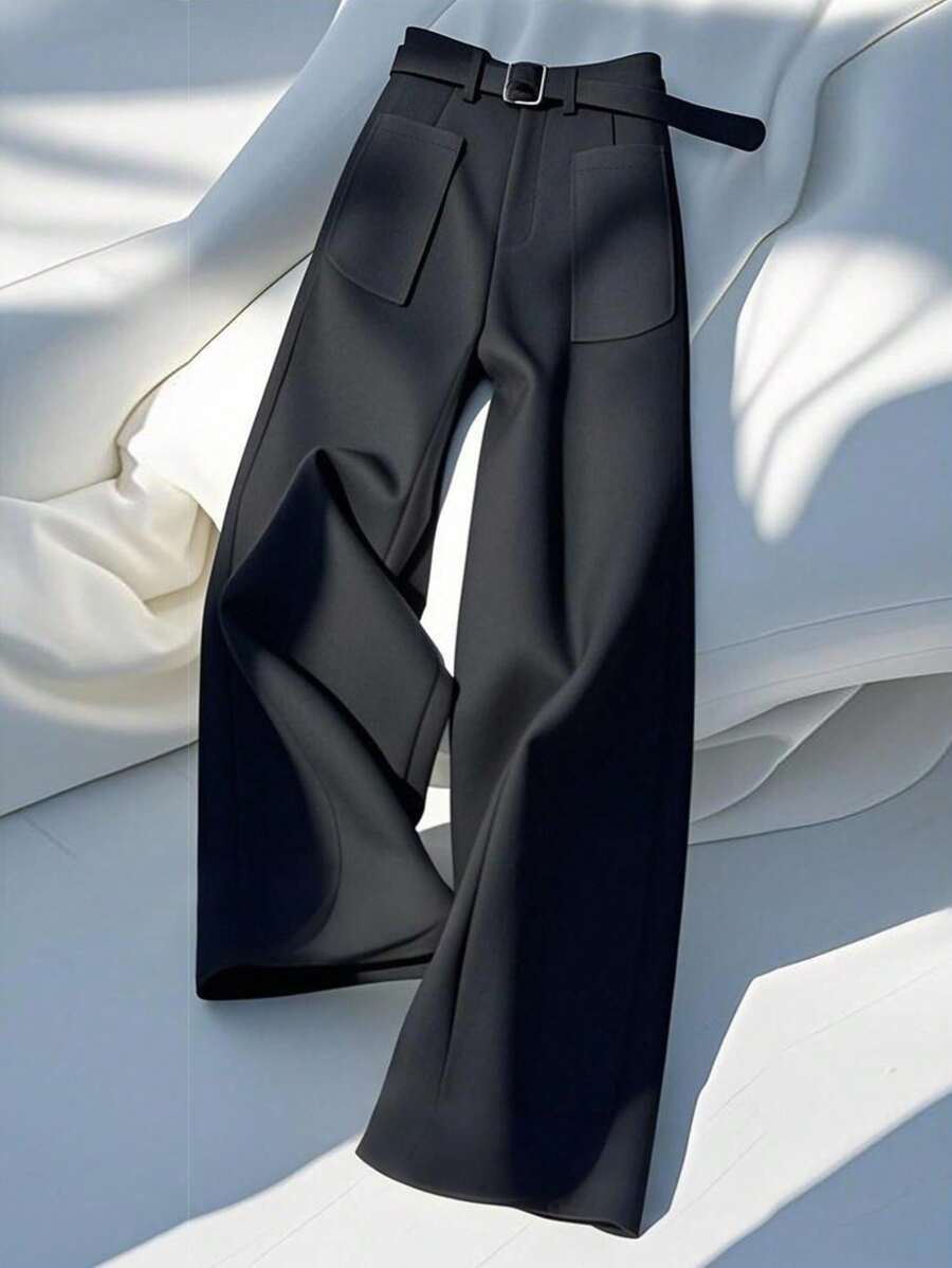 GlowEve 纯色口袋腰带阔腿优雅女士西装裤 - 黑色 - 查看 1