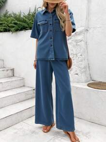 SHEIN Teen Girls Old Money Style Casual Short Sleeve Oversize Soft Denim Shirt And Baggy Wide Leg Jeans Set,Country Concert Outfit Two Pieces,Fall Autumn Clothes,Work/Office Business Casual Outfits,Girls Fall Back To School Outfits - Medium Wash - View 3