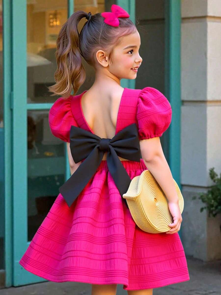 Elladie kids 女孩夏季休闲时尚纯色甜美泡泡袖连衣裙，可拆卸蝴蝶结后背设计，适合休闲度假穿着 - 粉色 - 查看 1