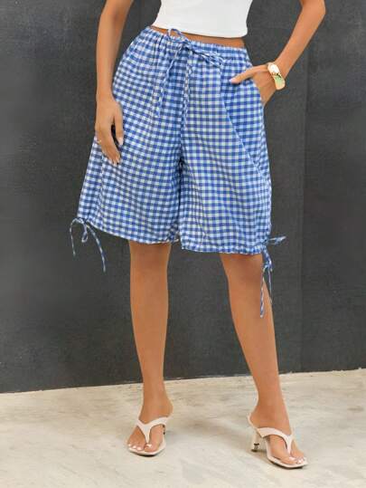 SHEIN SXY Women's Blue&White Plaid Drawstring Waist Bermuda Shorts, Gingham Shorts, Checkered Shorts, Women Summer Shorts, Blue Gingham Shorts, Shorts With Tie,School Clothes,Vacation Outfits Woman,Beach Outfits For Woman,Back To School,Going Out Tops Women,Flowy Pants,Gingham