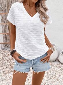 SHEIN LUNE 度假休闲百搭纯色纹理短袖T恤 - 白色 - 查看 5