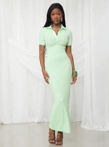 NYA SZN Dress Maxi Spring Collared Short Sleeve Textured Fitted Festival Summer Maxi Day Vacation Modest Spring Break Graduation Wedding Guest Special Occasion Bridal Dinner Prom Statement Festival Outfits For Women - Green - View 7