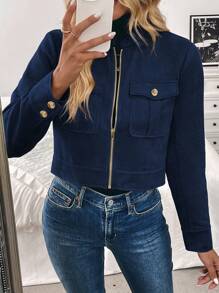 EMERY ROSE 女式秋冬大口袋金属纽扣短款军绿色夹克 - 藏蓝色 - 查看 3