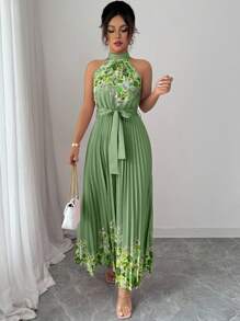 SHEIN Elenzya 女式夏季优雅花卉宽松露背连衣裙 - 軍綠色 - 查看 6