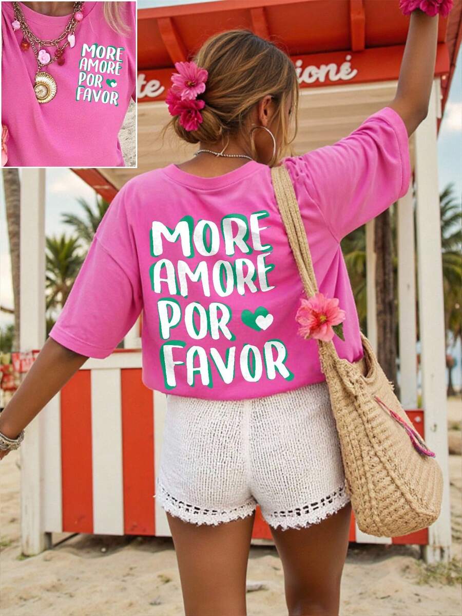 DrmWander 女士休闲标语和心形印花圆领落肩短袖 T 恤，夏季 - 玫紅色 - 查看 1