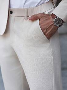 Manfinity Bizformal 2 件男士纯色长袖西装外套和裤子，西装套装 - 卡其色 - 查看 5