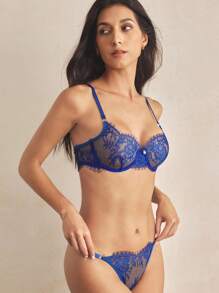 Charlaine Floral Lace Underwire Lingerie Set - Navy Blue - View 4