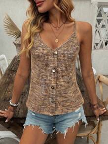 SHEIN LUNE 女士时尚V领纽扣装饰吊带背心，适合日常穿着，秋季新品