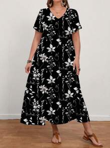EMERY ROSE 大码女式休闲优雅花卉印花 V 领短袖长裙，适合春夏季 - 黑色 - 查看 5