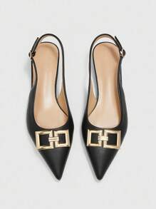 CUCCOO BIZCHIC 女士新款方扣尖头低跟平跟奇特鞋跟通勤风格百搭舒适黑色女士平底一脚蹬鞋，适合工作装 - 黑色 - 查看 2