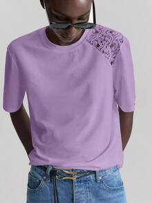 Ontre T-shirt à manches courtes avec col rond en patchwork de dentelle pour femmes, tenue de bureau décontractée urbaine, tenue de bureau formelle pour femmes, pour enseignante, robe d'invitée de mariage, Top de base élégant pour femmes, vêtement d'extérieur