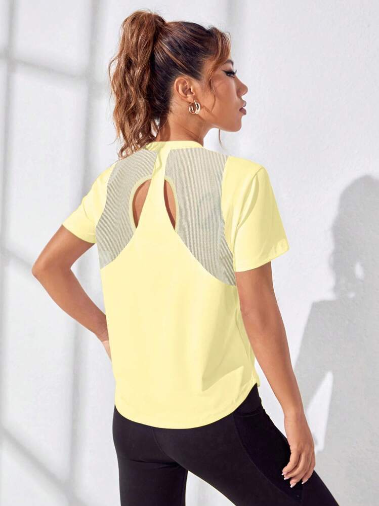 Seamluxe SHEIN Sport 女士纯色露背短袖健身运动 T 恤，日常穿着 - 黃色 - 查看 5