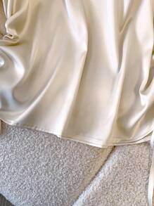 Franclia 女式优雅圆领插肩短袖弹力缎面抽绳下摆衬衫，春夏 - 杏色 - 查看 5