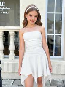 SHEIN 青少年女孩休闲时尚百搭褶皱腰拼接不对称荷叶边下摆连衣裙，白色连衣裙，适合周末、休闲外出、返校、毕业派对、生日聚会、秋冬