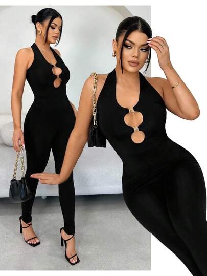 SHEIN SXY Svart rygglös halterneck figursydd jumpsuit för pendling