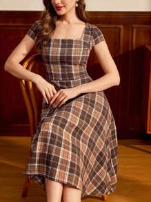 Vintamour Vintage Classic Elegant Women's Dress, Fitted Plaid Dress With Pockets, Square Collar Dress, Flared Hem Midi Dress, Suitable For Summer & Autumn,Elegant Dresses For Women - Coffee Brown - View 7