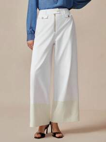 Chiquease Damen Boho Weite Hose, mit metallischen Knöpfen, Reißverschluss-Dekor, kontrastfarbener Saum, geeignet für Frühling & Herbst - Weiss - Übersicht 1
