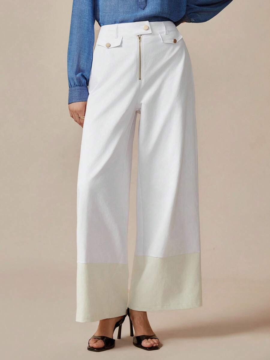 Chiquease Damen Boho Weite Hose, mit metallischen Knöpfen, Reißverschluss-Dekor, kontrastfarbener Saum, geeignet für Frühling & Herbst - Weiss - Übersicht 1