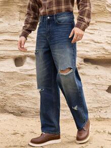 Manfinity Homme Herren Loose Fit zerrissene Jeans mit weitem Bein und Taschen, Blau - Dunkle Waschung - Übersicht 7