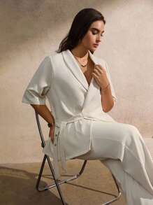 Juhart Plus Size Women Elegant Simple Tie-Up Apricot Thin Blazer