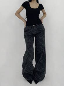 DAZY 女士休闲豹纹宽松裤 - 灰色 - 查看 4