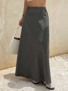 DAZY 纯色修身斜领A字长款休闲街头风女裙，春秋冬季女裙 - 灰色 - 查看 3