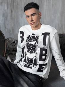 BATMAN X SHEIN 男士字母图案圆领长袖卫衣 男士蝙蝠车图案卫衣 男士图案卫衣 标语卫衣 - 白色 - 查看 5