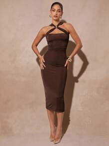 Silquee Đầm midi xếp ly ôm vừa vặn thanh lịch không tay cho nữ - màu nâu - Xem 1