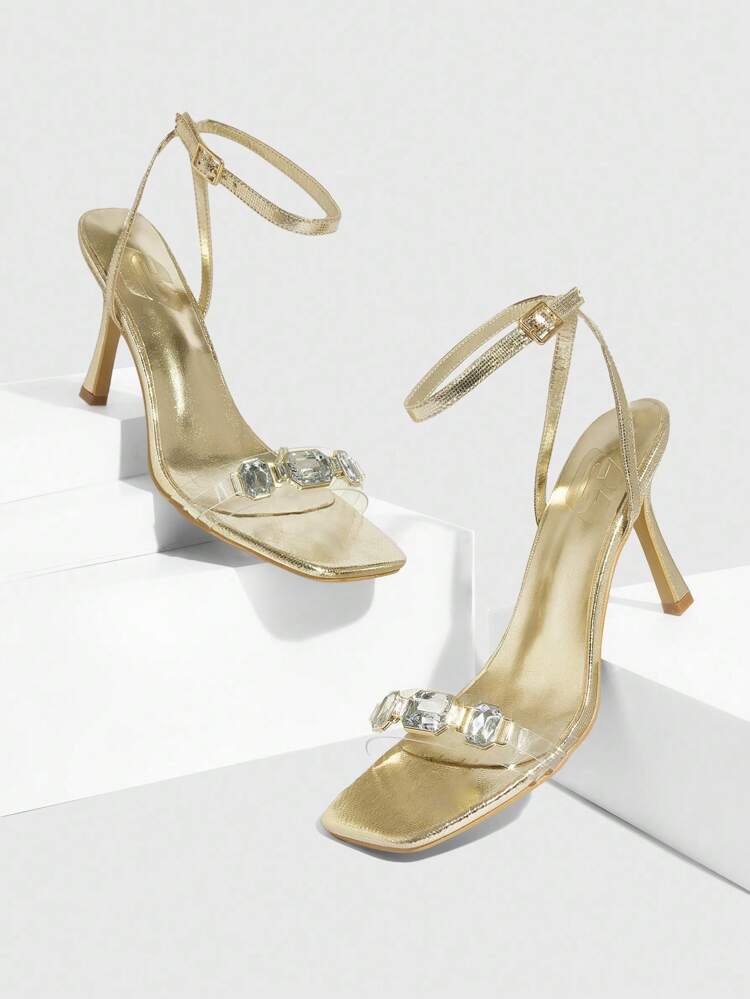 CUCCOO SZL Women's Gold Metallic PU Acrylic Glass Strap Buckle Decor Strap Buckle Fashion Sexy Square Toe Elegant High Heel Sandals