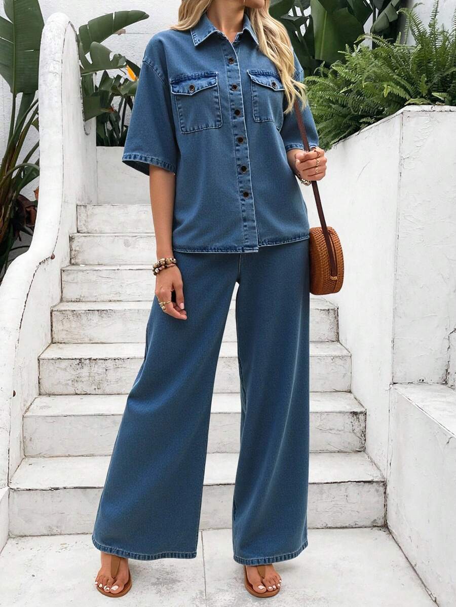 SHEIN Teen Girls Old Money Style Casual Short Sleeve Oversize Soft Denim Shirt And Baggy Wide Leg Jeans Set,Country Concert Outfit Two Pieces,Fall Autumn Clothes,Work/Office Business Casual Outfits,Girls Fall Back To School Outfits - Medium Wash - View 1