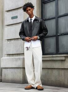 PAVTROS Áo khoác da PU tay dài ngắn có khóa kéo Manfinity Streetrush dành cho nam, Áo khoác da đen nam, Áo khoác da ngắn nam, Áo khoác ngoài da đen, Áo khoác giả da nam, Áo khoác ngắn có khóa kéo, Áo khoác giả da ngắn, Áo khoác phong cách đường phố, Áo khoác bomber giả da nam, Áo khoác ngắn nam, Áo khoác da đen cho nam, Áo da nam, Thu Đông - màu đen - Xem 3