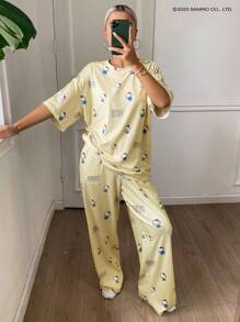 HELLO KITTY | DAZY 卡通图案落肩T恤和裤子宽松女士睡衣套装 - 黃色 - 查看 3
