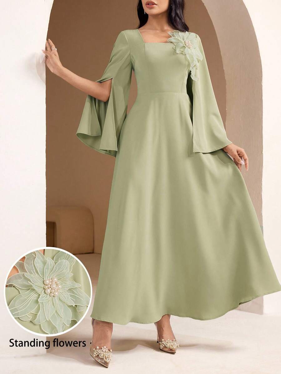 Veilorie Đầm dài cổ vuông đính vải trơn màu thanh lịch xẻ tà bên hông cho nữ - màu xanh lá - Xem 1