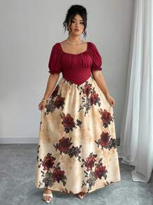 Elenzga Đầm suông cổ tim in hoa tay bồng cạp cao thanh lịch cỡ lớn cho nữ - Nhiều màu - Xem 3