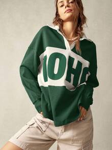 Bohemela 女士休闲运动针织拼布领长袖宽松常规卫衣波西米亚风衬衫波西米亚风上衣女士卫衣秋冬绿色卫衣 - 彩色 - 查看 5