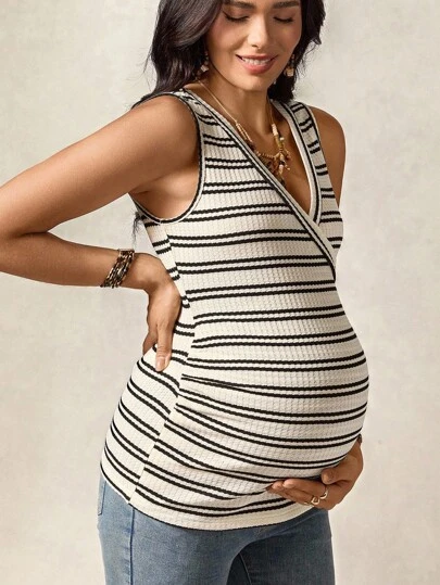 Boho Mama Maternity Summer Casual Striped Print Surplice Neck Ruched Side Nursing Tank Top Maternity Tops Maternity T-Shirts Pregnancy Clothes Maternity Shirts Maternity Tank Tops