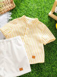SHEIN 2pcs Young Boys Casual Comfortable Versatile Striped Stand Collar Short Sleeve Shirt And Shorts Set - Yellow - View 6