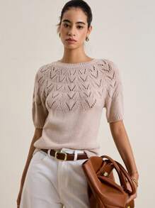 Airaco Fair Isle Style Hollow Perforated Crew Neck Short Sleeve Casual Undershirt