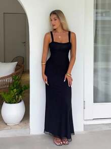 Women's Solid Color Fitted Elegant Maxi Slip Dress - Black - View 5