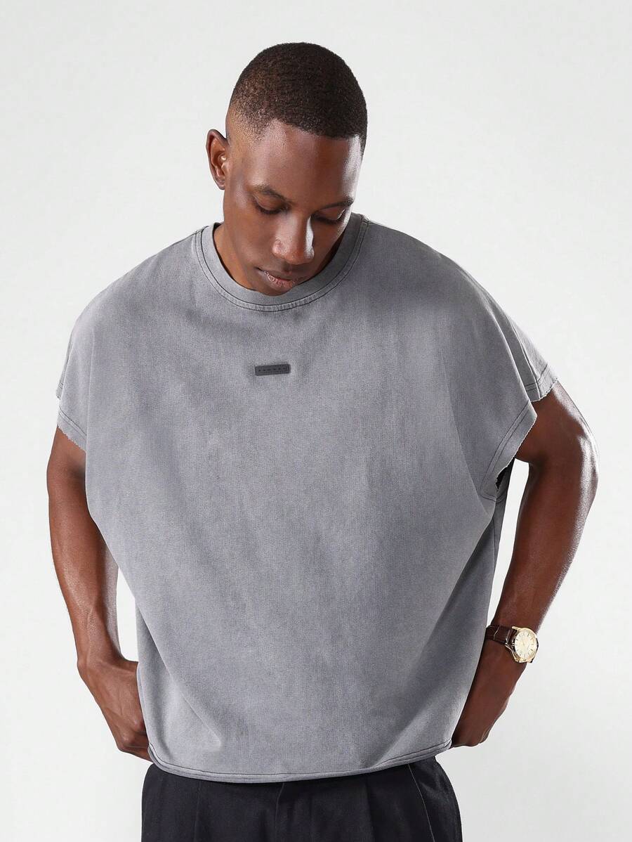 SUMWON 基本款宽松剪裁背心街头潮流无袖夏季都市宽松版型毛边休闲简约肌肉节日周末基本款 T 恤运动休闲滑板服海滩设计 - 深灰色 - 查看 1