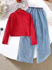 Genkimix Kids Conjunto de Moda Casual Diária Escolar para Meninas, Camisa de Manga Longa com Gola Polo Ajustada de Cor Sólida e Calça Denim de Perna Larga Solta com Cintura Elástica e Bordado de Cereja, Conjunto de Volta às Aulas, Todas as Estações - Vinho - Visão 2