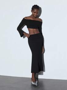 Maija Women's Black Solid Off Shoulder Long Sleeve Bell Cuff Cropped Top & High Waist Slim Fit Elastic Waist Versatile Skirt 2 Pieces Set, Suitable For Early Spring, Daily, Party, Holiday - Black - View 6