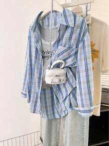 Women's Plaid Drop Shoulder Long Sleeve Single-Breasted Pocket Casual Shirt Fall Cloth For Women - Multicolor - View 1